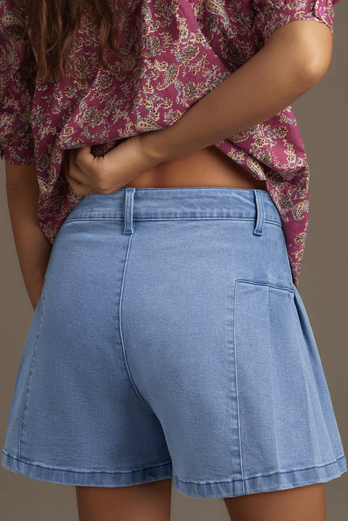 Pleated Patchwork Wide Leg Lightweight Denim Shorts